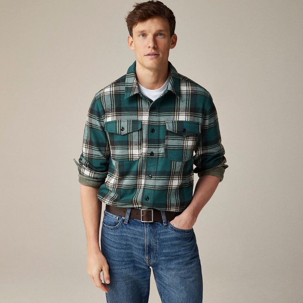 J Crew Flannel Shirt Mens Green White Plaid Seaboard Brushed Soft Knit - Picture 4 of 5